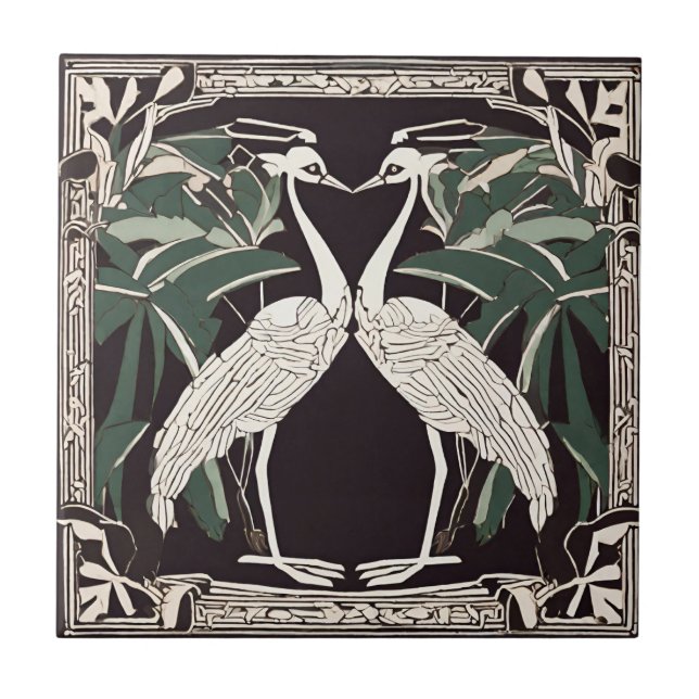 Fågelfamiljen Art Deco Nouveau Decorative Kakelplatta (Framsidan)