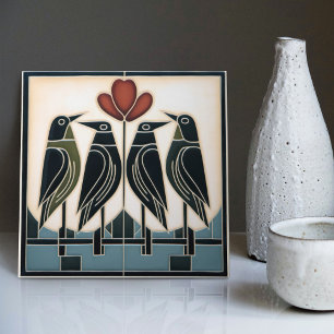 Fågelfamiljen Mackintosh Art Deco Nouveau Wall Dec Kakelplatta