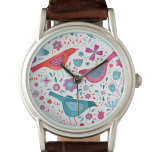 Fågelfärgad Blommigt vattenfärg Armbandsur<br><div class="desc">Moderna vattenfärgfåglar och blommor i contemporary i grönt,  rött och magenta rosa. Originalkonst av Nic Squirrell.</div>