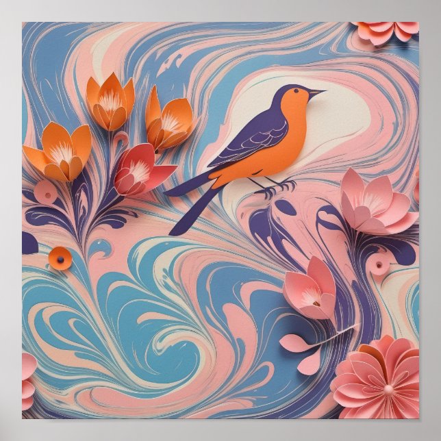 Fågelfärgad utformning och Blommigt - Papper konst Poster (Framsidan)
