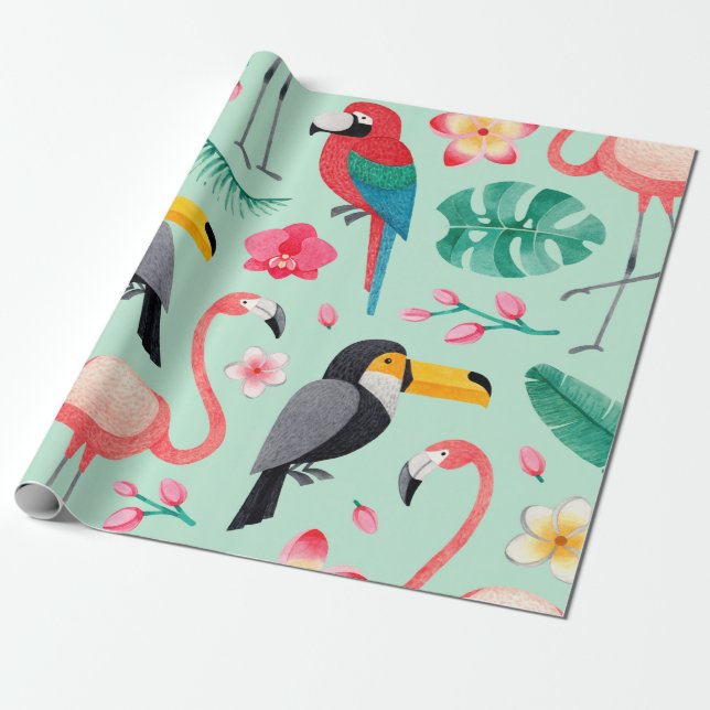 Fågelfärgade illustrationer, tropiska blommor presentpapper (Utrullad)