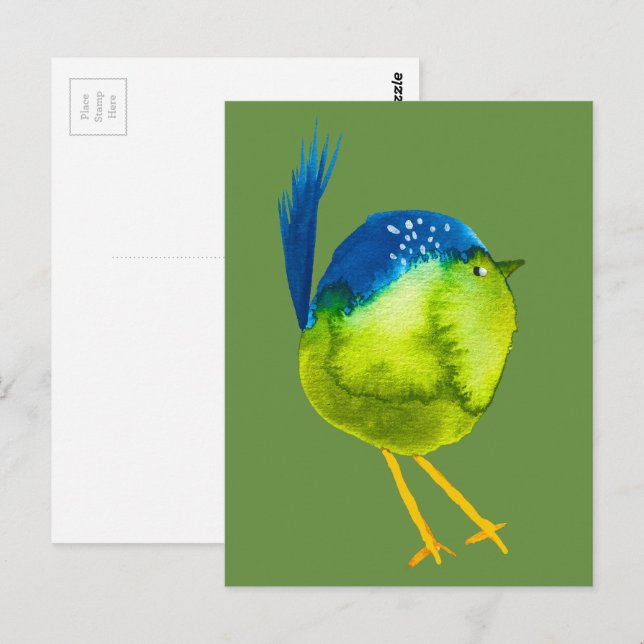 Fågelfärgen Cute grönt Vykort (Fram/baksida)