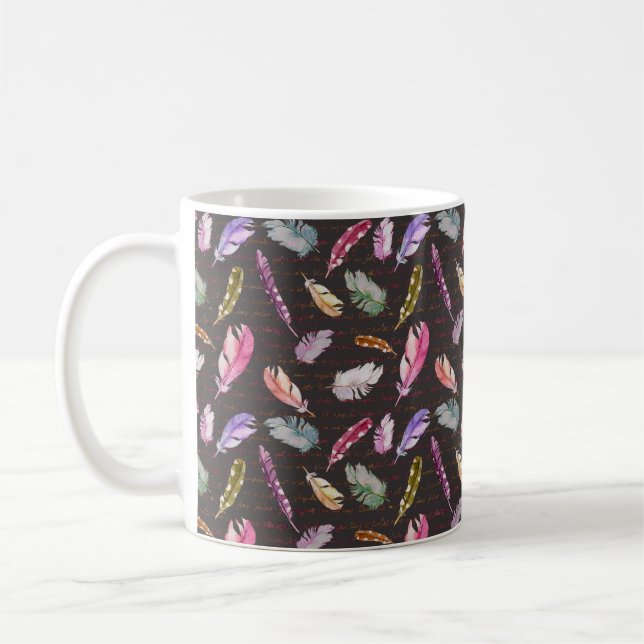 Fågelfjädrar och handskriven anteckning. Vattenfär Kaffemugg (Vänster)