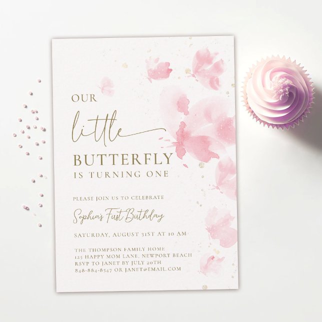 Fågelfjärilsvattenfärgsbudget 1:a födelsedag inbjudningar (our little butterfly 1st birthday invitation girls pink blush watercolor garden tea party elegant)