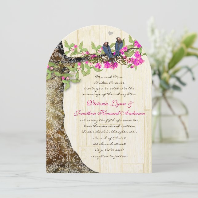 Fågelflodens Rosa Vintage Fåglar Bröllop Damask Inbjudningar (Stående Fram)