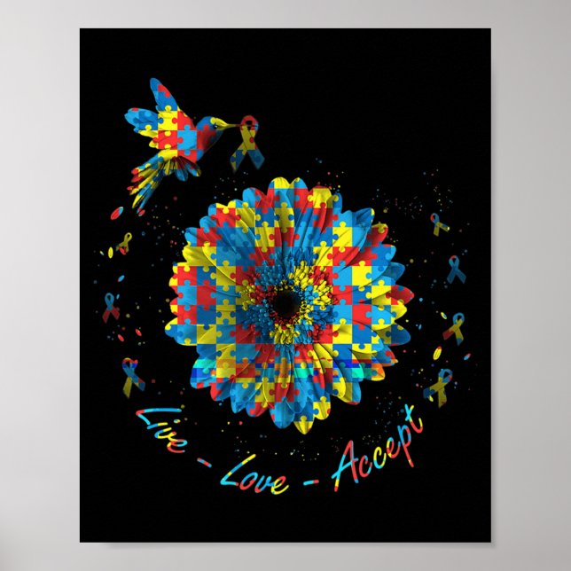 Fågelfotnoten Pupzzle Live Kärlek accepterar autis Poster (Framsidan)