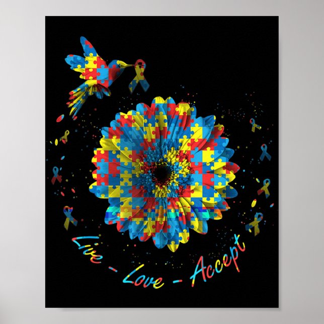 Fågelfotnoten Pupzzle Live Kärlek accepterar autis Poster (Framsidan)