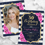 Fågelfoto för marin Rosa 50:e födelsedagen Inbjudningar<br><div class="desc">Femininininbjudan till elegantens blommigt på 50 års födelsedag med ditt foto på baksidan av kortet. Glam-marinens vita rosa med faux glitter guld. Har marinblått och vitt rand, baby rosa ros, skriptteckensnitt och konetti. Perfekt för en snyggt vuxen under firande party. Anpassa med dina egna detaljer. Kan anpassas för vilken ålder...</div>