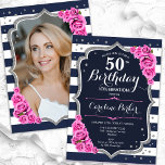 Fågelfoto för marinblå Rosa Silver 50:e födelsedag Inbjudningar<br><div class="desc">Femininininbjudan till elegantens blommigt på 50 års födelsedag med ditt foto på baksidan av kortet. Glam-marinens vita rosa med faux glitter silver. Har marinblått och vitt rand, baby rosa ros, skriptteckensnitt och konetti. Perfekt för en snyggt vuxen under firande party. Anpassa med dina egna detaljer. Kan anpassas för vilken ålder...</div>