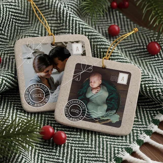 Fågelfoto för utlämningsskifte i Baby Julgransprydnad Keramik (Cute Delivery Parcel Baby Birth Announcement Photo Ceramic Ornament)