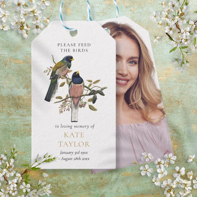 Fågelfröpacket Funeral Memorial Photo Gift-Märkre Presentetikett (Bird Seed Packet Funeral Memorial Photo Gift Tags)