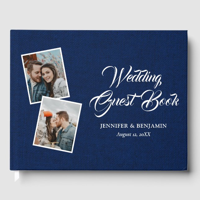 Fågelgäst i Bröllop vid marint blått raka Burlap B Gästböcker (Framsida)