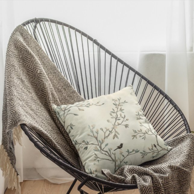 Fågelgren akvarellbeige naturmålning kudde (Skapare uppladdad)