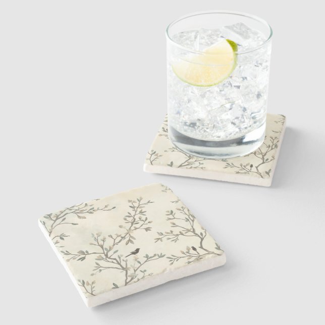 Fågelgren Vattenfärg Beige Naturmålning Stenunderlägg (Sidan)