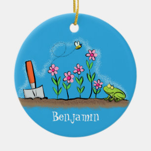 Fågelgroda och bin i trädgårdsodling, illustration julgransprydnad keramik