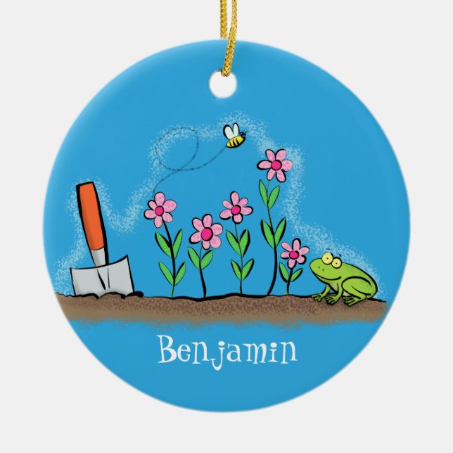 Fågelgroda och bin i trädgårdsodling, illustration julgransprydnad keramik (Framsidan)