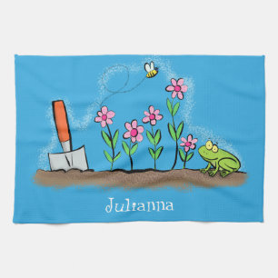 Fågelgroda och bin i trädgårdsodling, illustration kökshandduk