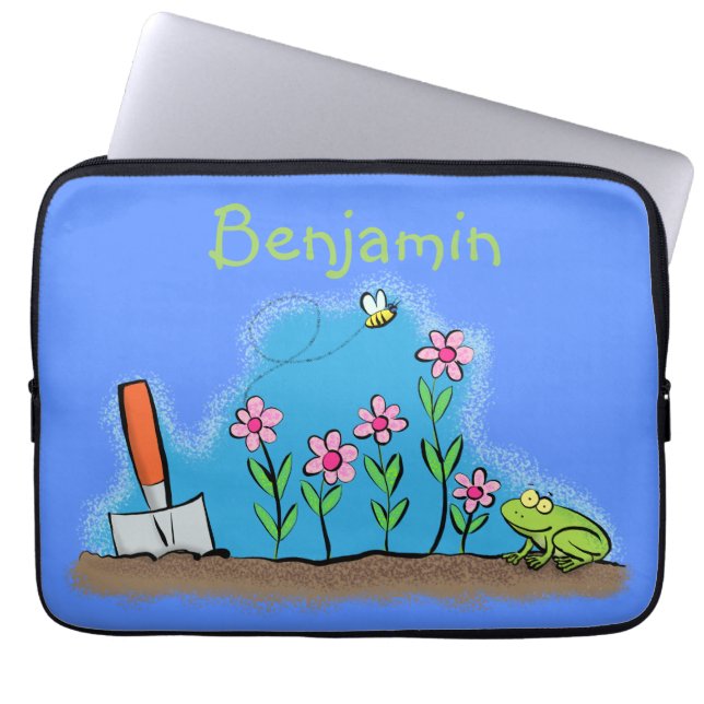 Fågelgroda och bin i trädgårdsodling, illustration laptop fodral (Framsidan)