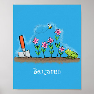 Fågelgroda och bin i trädgårdsodling, illustration poster