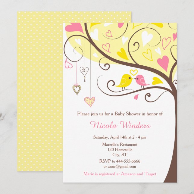 Fågelhjärter Träd Gult och korallbabyskor Inbjudningar (Fram/baksida)