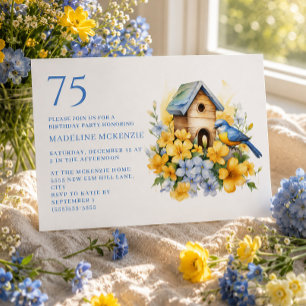 Fågelhus Blå Gula Blommor 75-årsdag Inbjudningar
