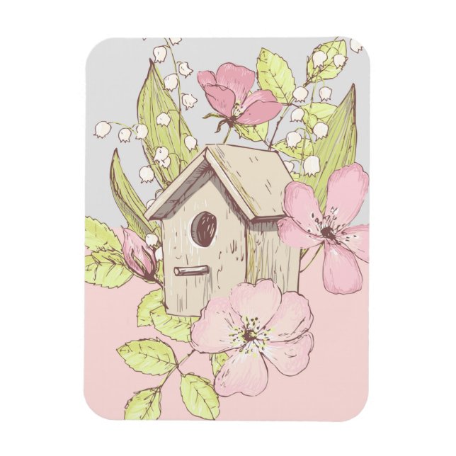 Fågelhus Blommig Färgblock Magnet (Vertikal)