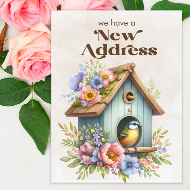 Fågelhus Blommor Ny adress Meddelande Vykort (Birdhouse with blue and yellow flowers change of address postcard)