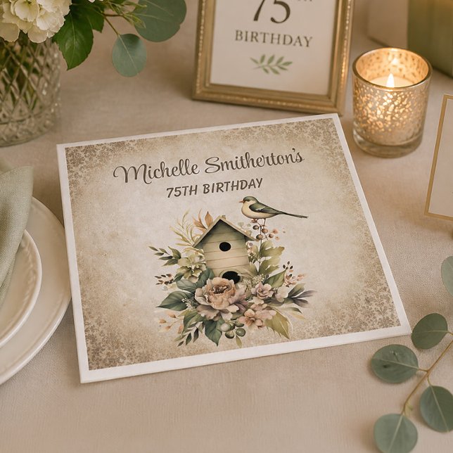 Fågelhus Botanisk Natur 75-årsdag  Pappersservett (Rustic birdhouse birthday party paper napkins)