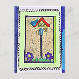 Fågelhus, Fågel och Blomma tecknad vykort