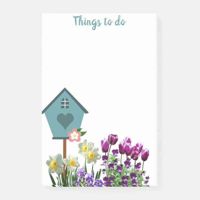 Fågelhus i blomsterträdgård Att göra  Post-it Block (Framsida)