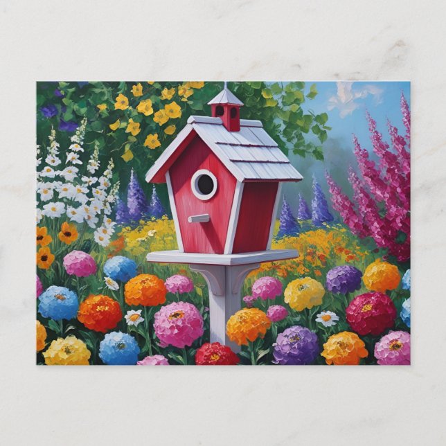 Fågelhus i sommar- och blomningsblommor vykort (Framsida)