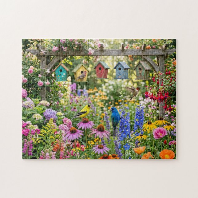 Fågelhus, livfulla fåglar och blommande blommor pussel (Horisontell)