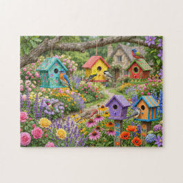 Fågelhus, livfulla fåglar och blommande blommor pussel