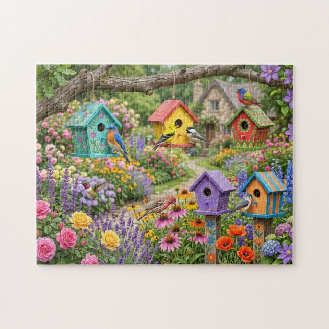 Fågelhus, livfulla fåglar och blommande blommor pussel (Horisontell)