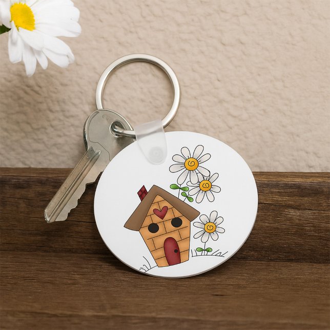Fågelhus med Daisy och hjärt-folkkonst Nyckelring (Skapare uppladdad)