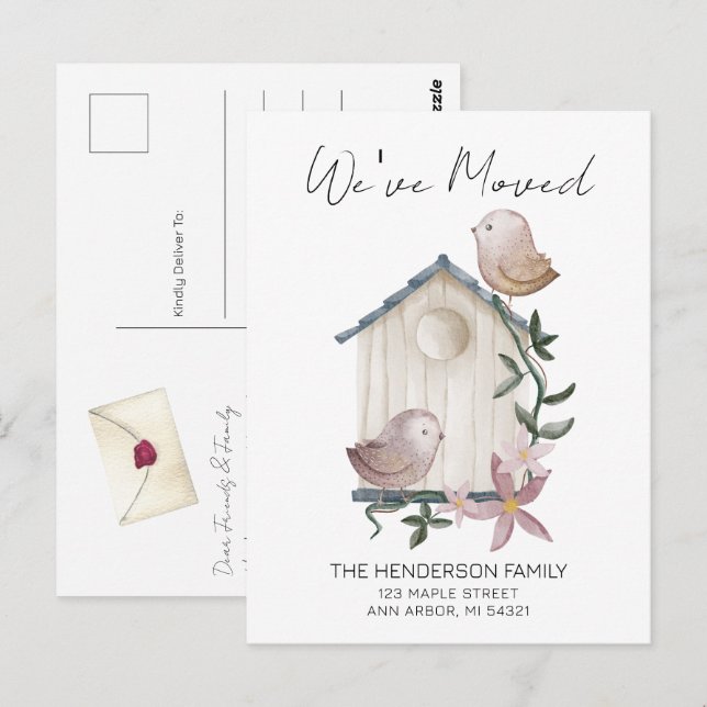 Fågelhus - nytt vykort för Flytta i hemmet (Fram/baksida)