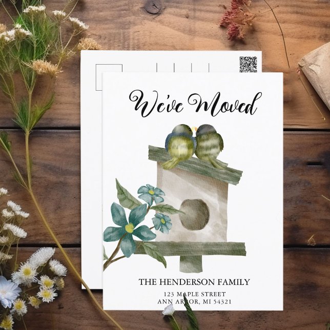 Fågelhus - nytt vykort för Flytta i hemmet (Birdhouse with love birds we've moved moving cards.)