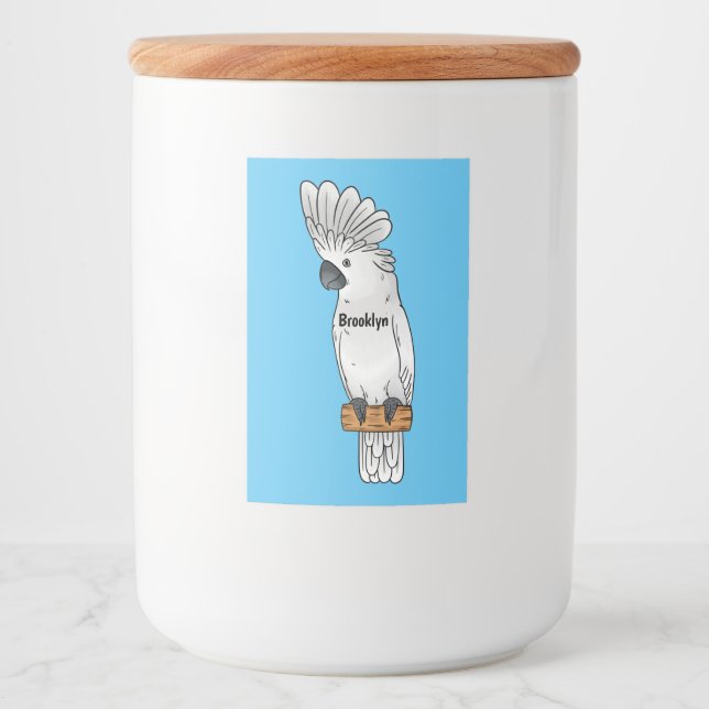 Fågelillustration för tecknad av paraplycockatoo mat etikett (Framsida)