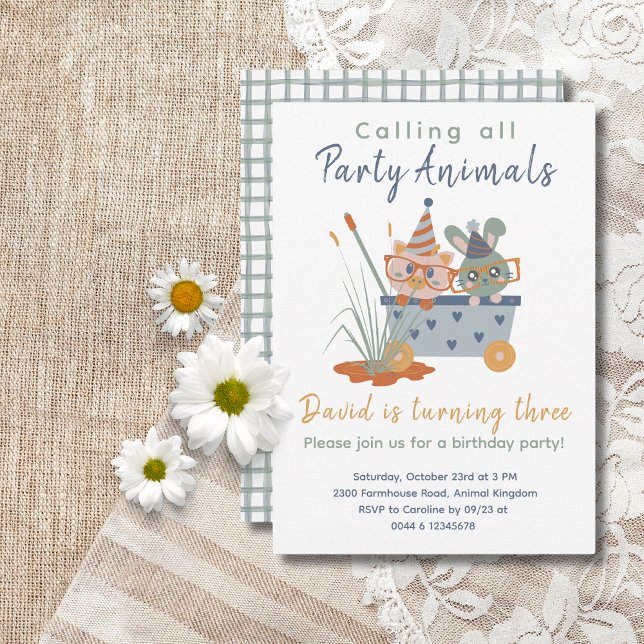Fågelinbjudan till Cute Kids Party Inbjudningar (Farm Animals Birthday Invitation Calling All Party Animals)
