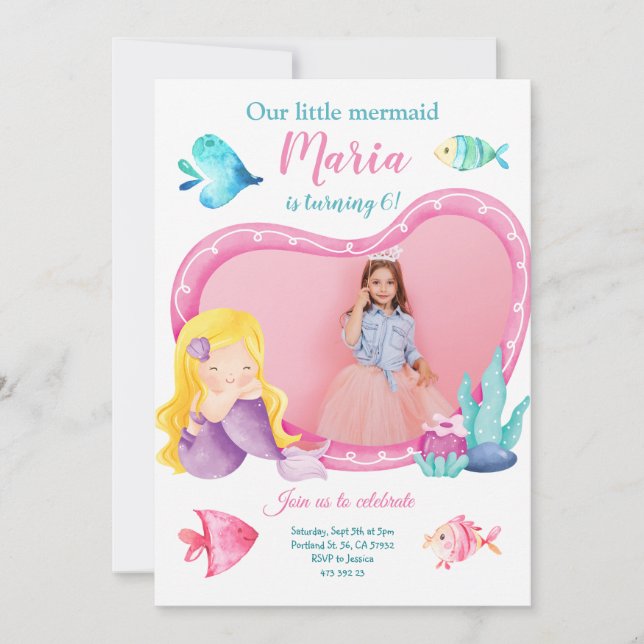 Fågelinbjudan till Little Sjöjungfru Sea Fish Phot Inbjudningar (Framsida)