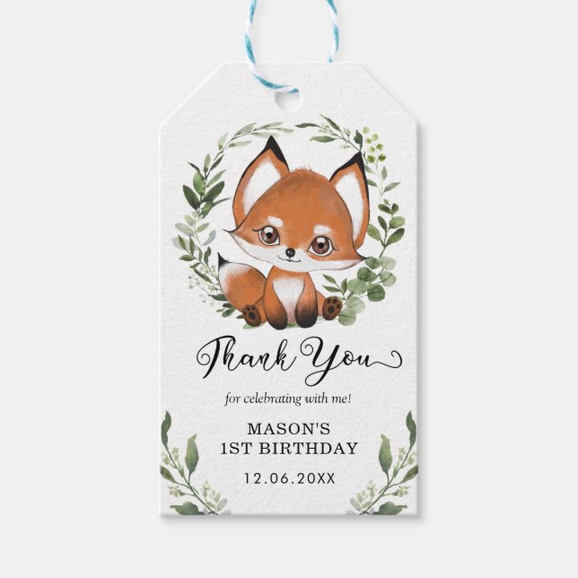 Fågeljur från Cute Woodland Fox Greenery Birthday  Presentetikett (Framsidan)