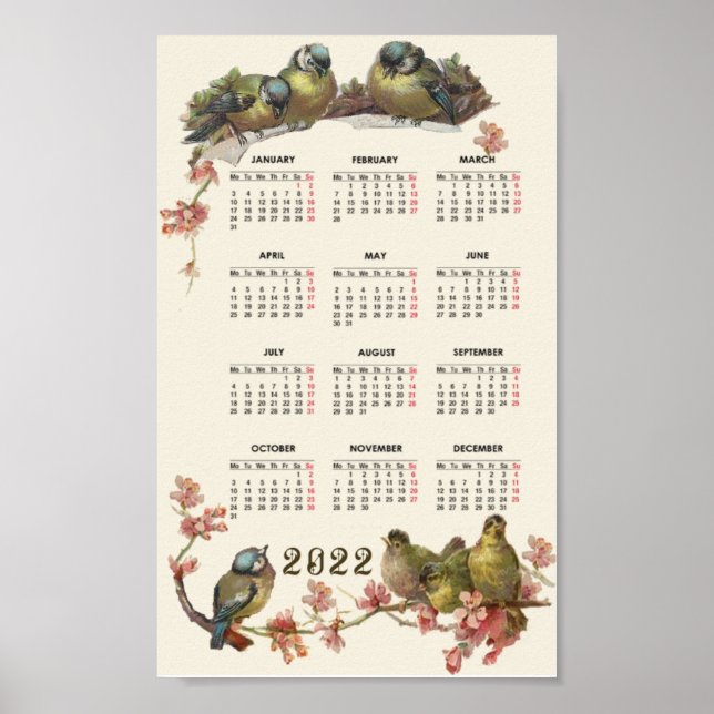 Fågelkalender 2022 vintage poster (Framsidan)