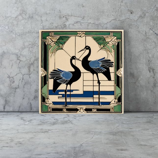 Fågelkanter i Sjö Art Deco Art nouveau Kakelplatta (birds tiles are a vintage Art Deco style with cranes in blue and green geometric style)