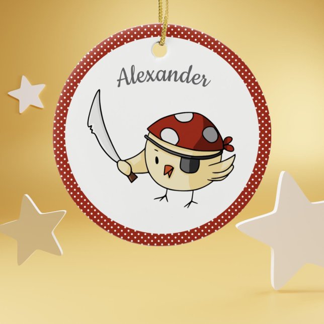 Fågelkapten Pirat ThLED Personlig Julgransprydnad Keramik (Cute pirate bird with eye patch and red bandana personalized ornament keppsake)