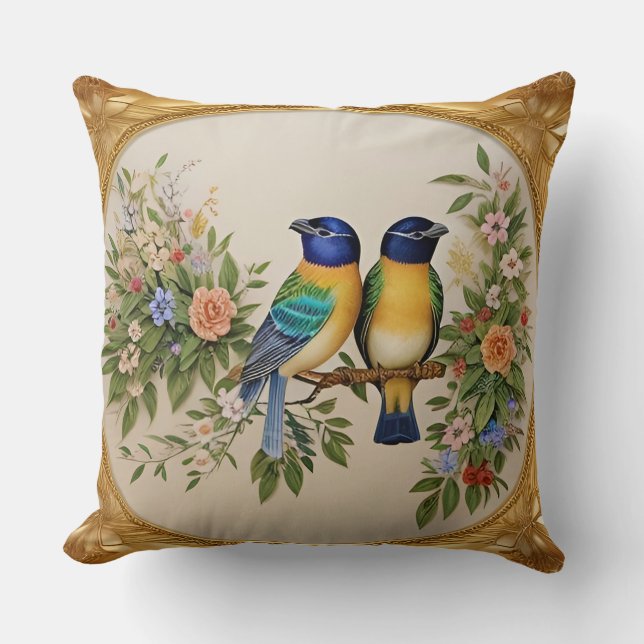 Fågelkasta kudde med elegant blomkvistdekoration (Framsida)