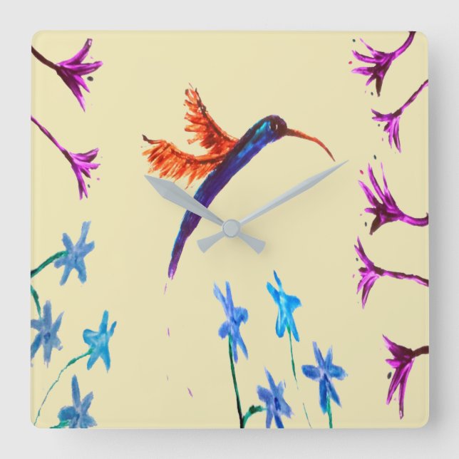 Fågelkonst Blommig Kolibri Fyrkantig Klocka (Framsida)