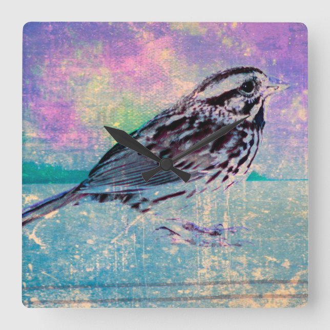 Fågelkonst med färgstark Abstrakt: Vibrant Songbir Fyrkantig Klocka (Framsida)