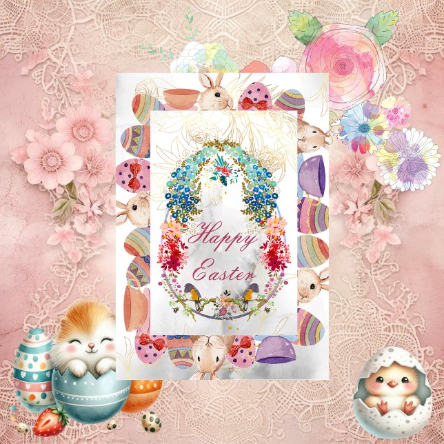 Fågelkort för dekorativ Glad påsk-Blommigt Inbjudningar (Decorative Happy Easter Egg Bunny Bird Floral Card)