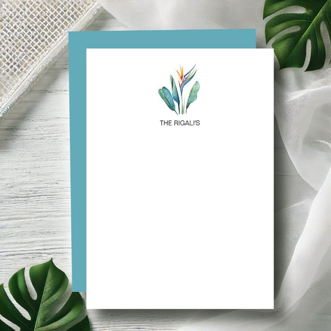 Fågelkort för Paradis Note Card with Kuvert Tropic Anteckningskort (Bird of paradise flower watercolor notecards art by Victoria Grigaliunas of Do Tell A Belle)