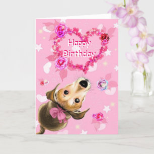 Fågelkort med litet Hund med Rosa Ribbon Kort
